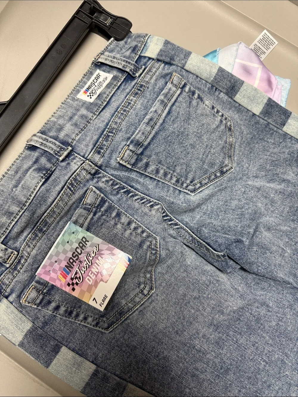 Justice Blue Denim Flare Jeans with Check-Trim and Pastel Bandana nascar